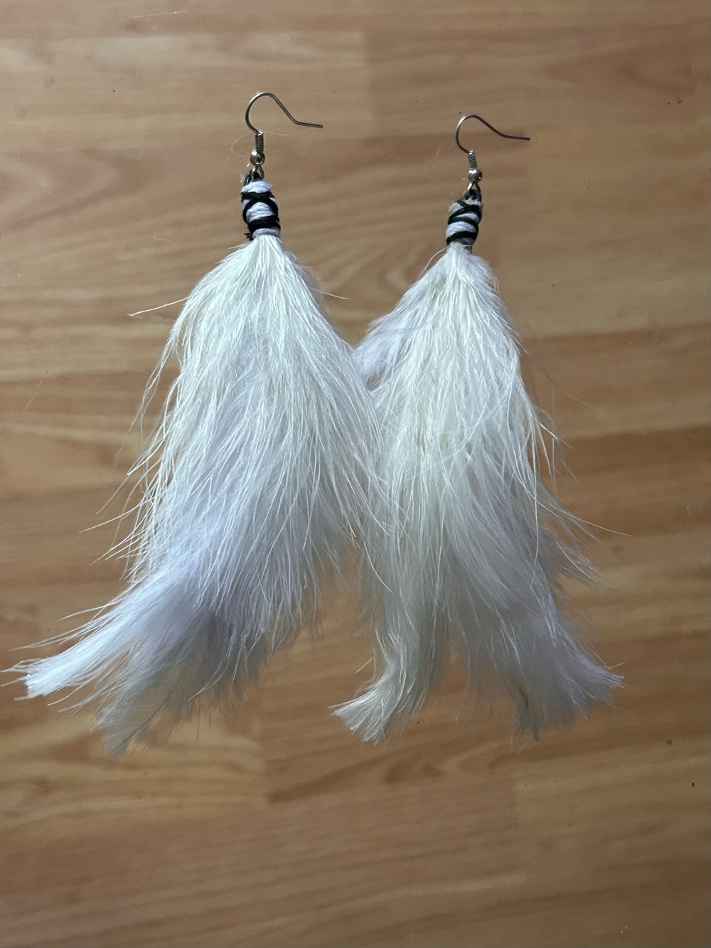 White Feather Drop Earrings with Black Wrapped Accent